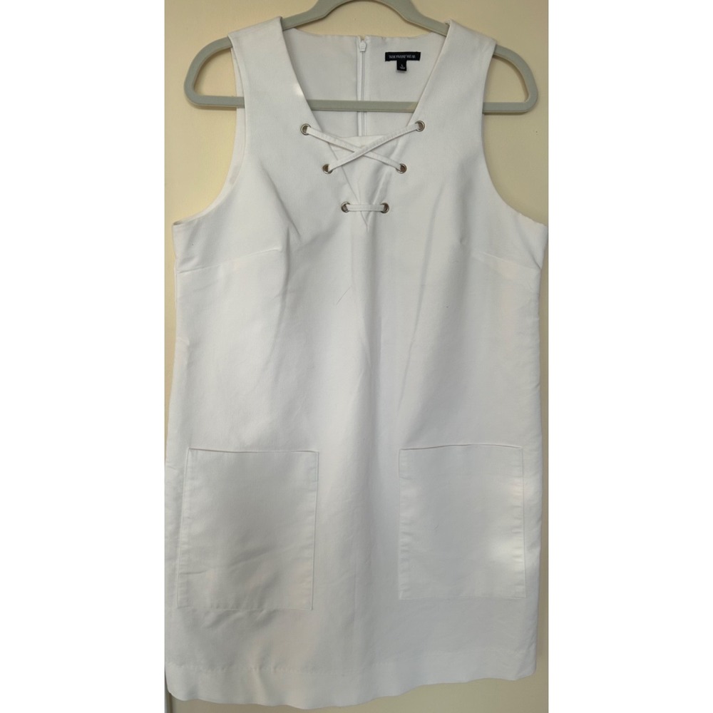 Ladies white summer dress 90s sleeveless Sz L cotton minimal classic Nautical